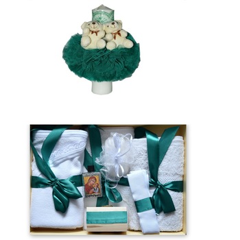 Set Trusou botez biserica complet 9 piese + lumanare cu doi ursi OD822 Set Trusou botez biserica complet 9 piese + lumanare cu doi ursi OD822