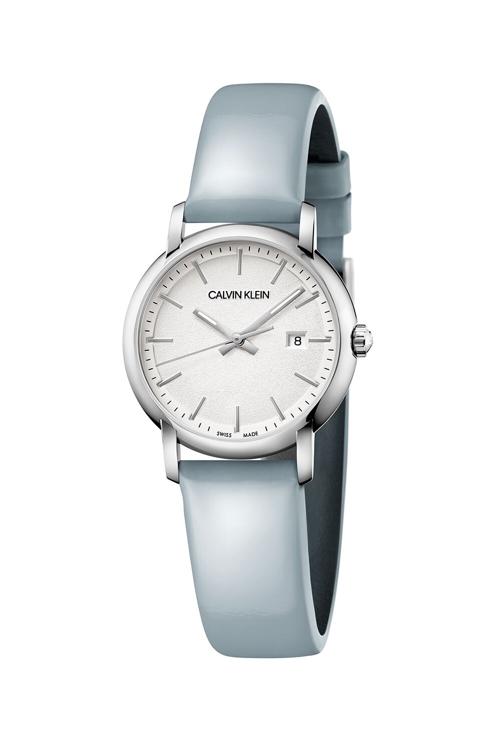 Calvin Klein, Ceas rotund cu o curea din piele, Gri deschis