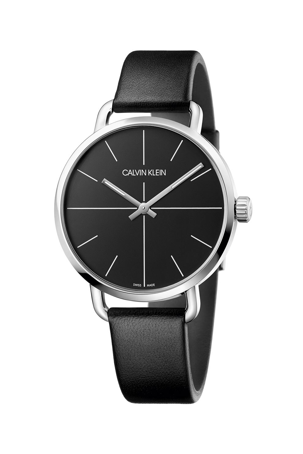 Calvin Klein, Ceas rotund cu o curea din piele, Negru