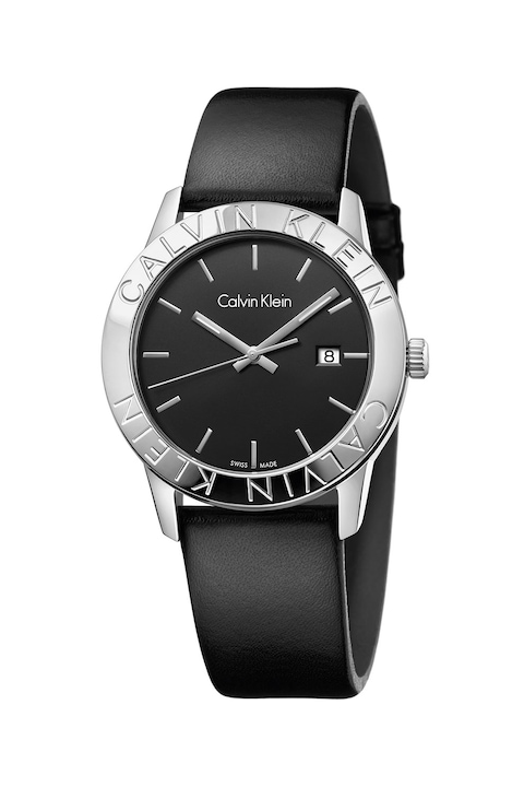 Calvin Klein, Ааналогов часовник с релефно лого на жлеба, Черен