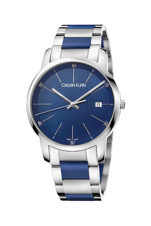 Calvin Klein, Овален часовник с иноксова верижка, Сребрист / Син