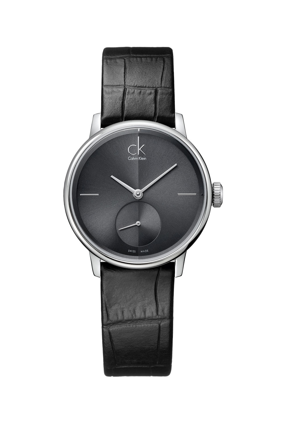 Calvin Klein, Ceas rotund cu o curea din piele, Negru