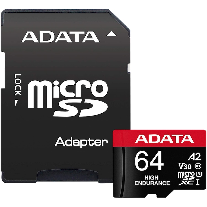 Карта памет ADATA Endurance, MicroSDXC, 64GB, UHS-I V30, 100MB/s, Class 10 + Адаптер