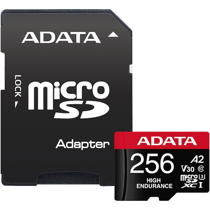 Карта памет ADATA Endurance, MicroSDXC, 256GB, UHS-I V30, 100MB/s, Class 10 + Адаптер
