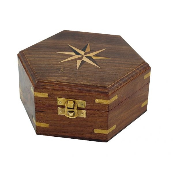 Caseta hexagonala Sea Club din lemn, capac intarsiat,16x14x7cm