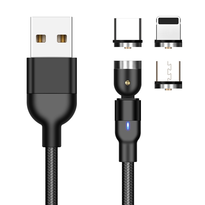 Cablu de incarcare 3 in 1, Fast Charge 2.4 A, Micro-USB, USB-C, Lighting, 1M, Negru
