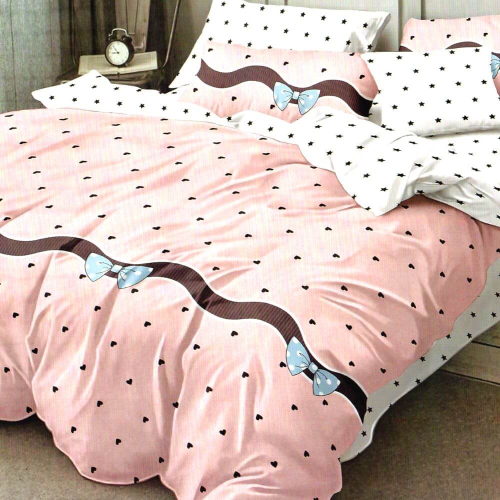 Set Lenjerie Finet Satinat, 6 Piese, Pat 2 Persoane, Bow Tie
