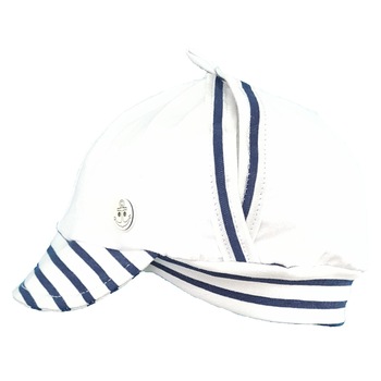 Sapca de vara Mic Pitic din tricot decupata cu nasture cu ancora, alb/bleumarin, Alb/ Bleumarin Sapca de vara Mic Pitic din tricot decupata cu nasture cu ancora, alb/bleumarin, Alb/ Bleumarin