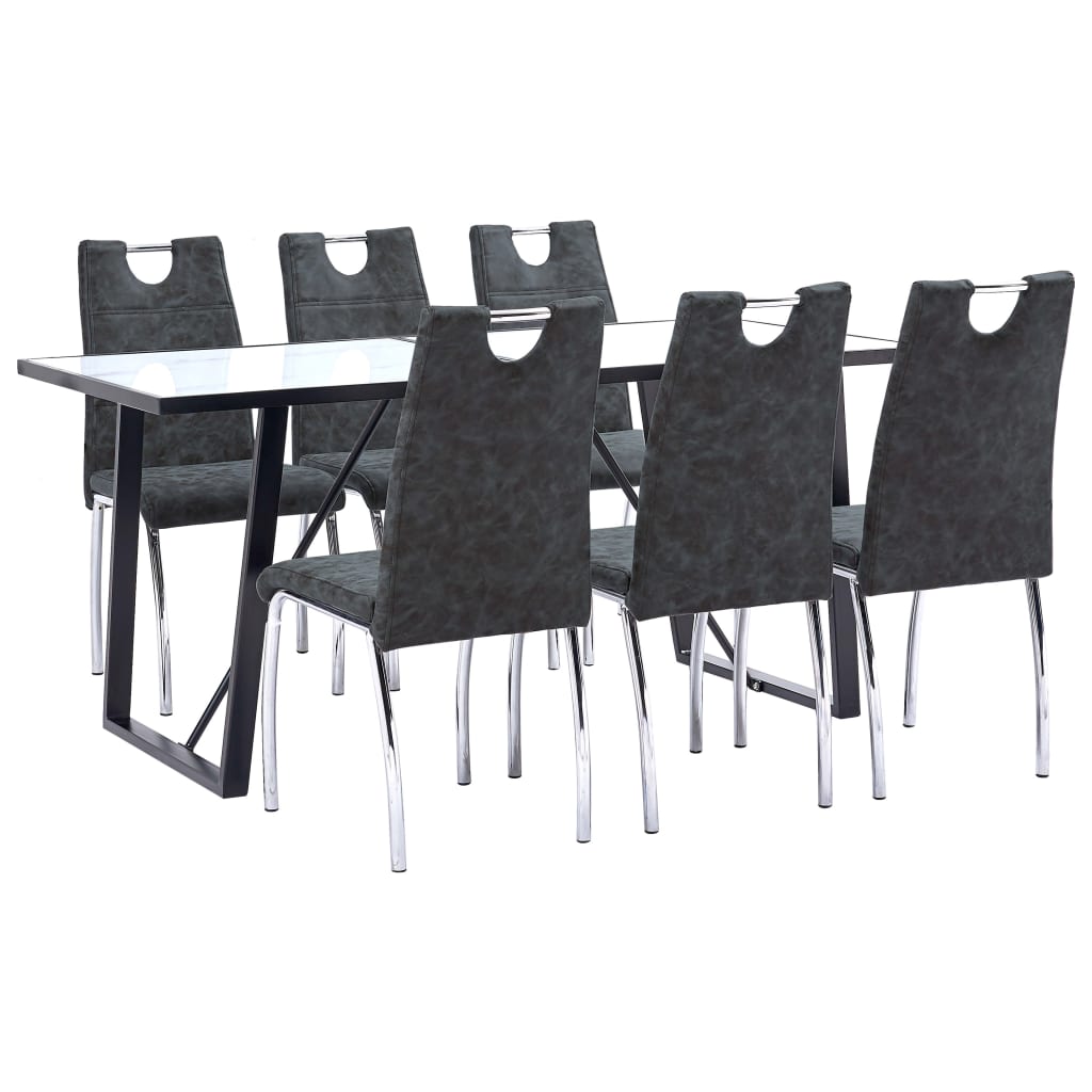 Set 7 piese masa cu 6 scaune de bucatarie, vidaXL, Sticla securizata/Piele artificiala/Otel, 160 x 80 x 75 cm, Negru/Alb model marmura