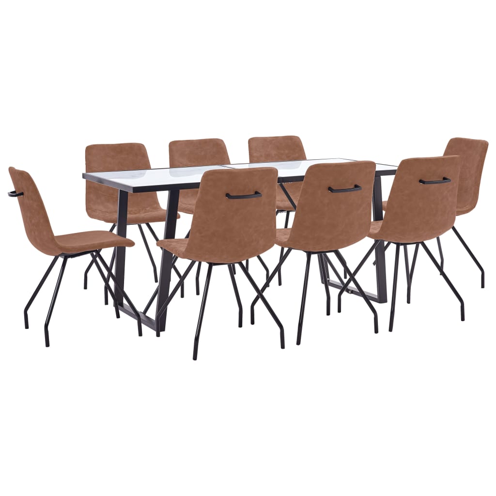Set mobilier de bucatarie cu 1 masa si 8 scaune cu maner tapitate, vidaXL, Piele artificiala, 160 x 80 x 75 cm, Maro