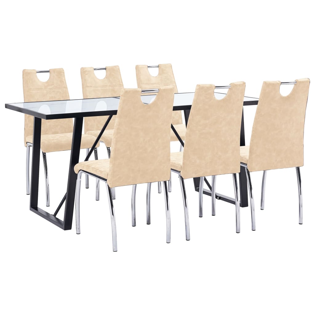 Set 7 piese masa cu 6 scaune de bucatarie, vidaXL, Sticla securizata/Piele artificiala/Otel, 160 x 80 x 75 cm, Crem/Alb model marmura