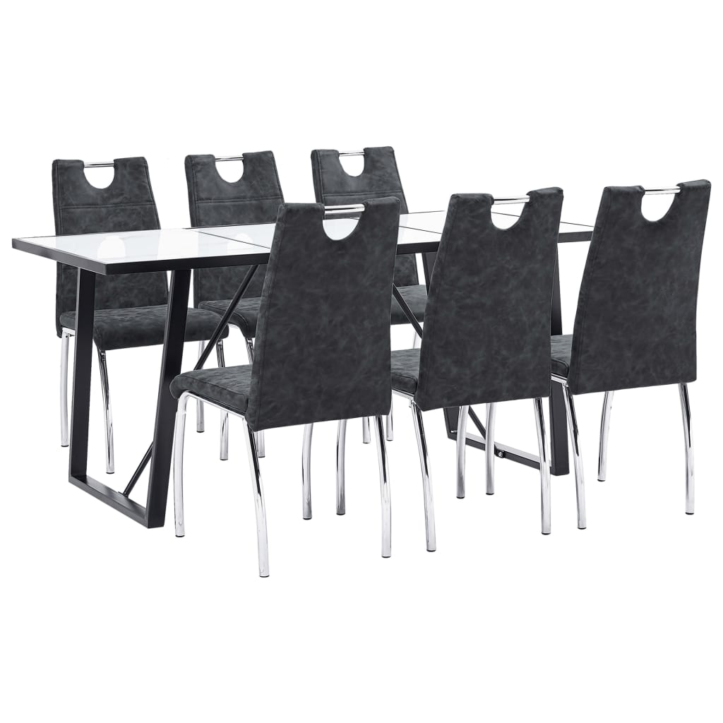 Set 7 piese masa cu 6 scaune de bucatarie, vidaXL, Sticla securizata/Piele artificiala/Otel, 180 x 90 x 75 cm, Negru/Alb model marmura