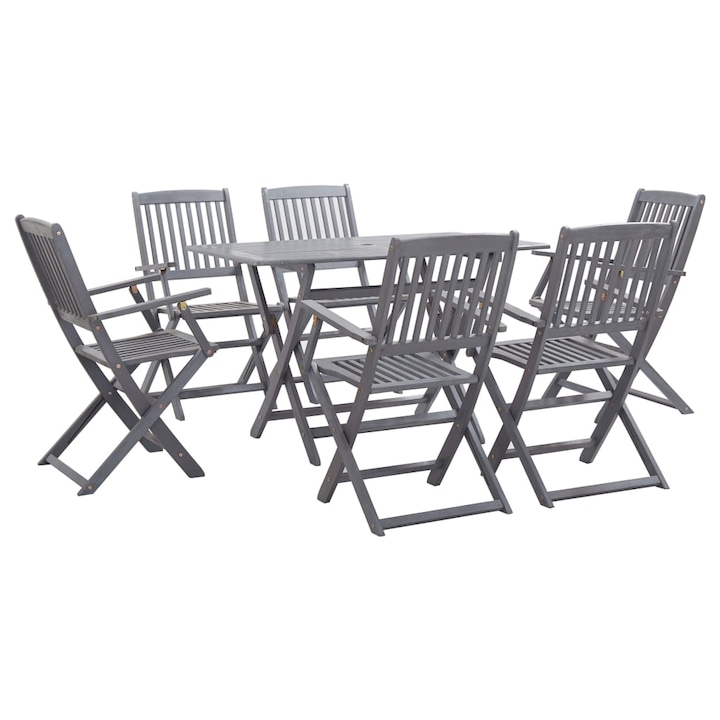 Set mobilier de gradina 7 piese - scaune pliabile, vidaXL, Lemn acacia, 160 x 85 x 75 cm, Gri