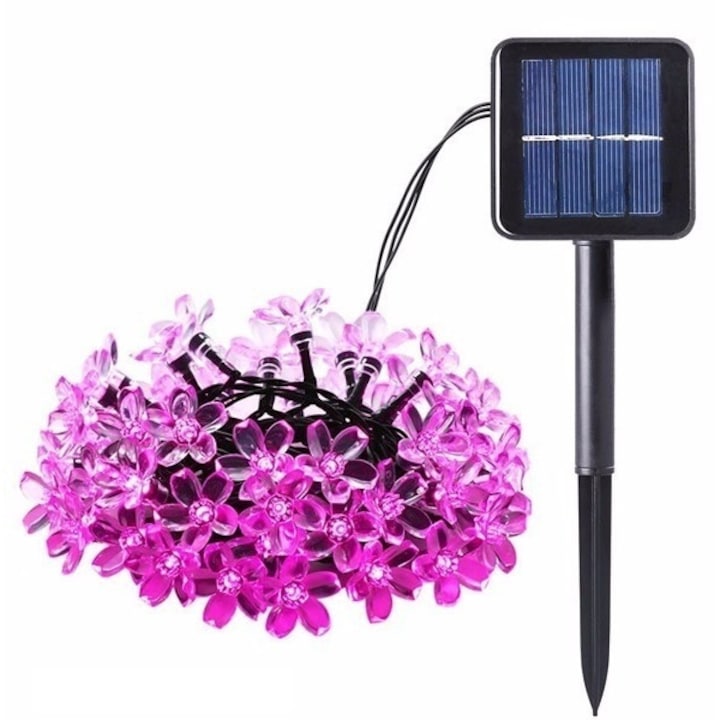 Napelemes (szolár) LED cseresznyevirág fényfüzér 50 db rózsaszín fényű kültéri