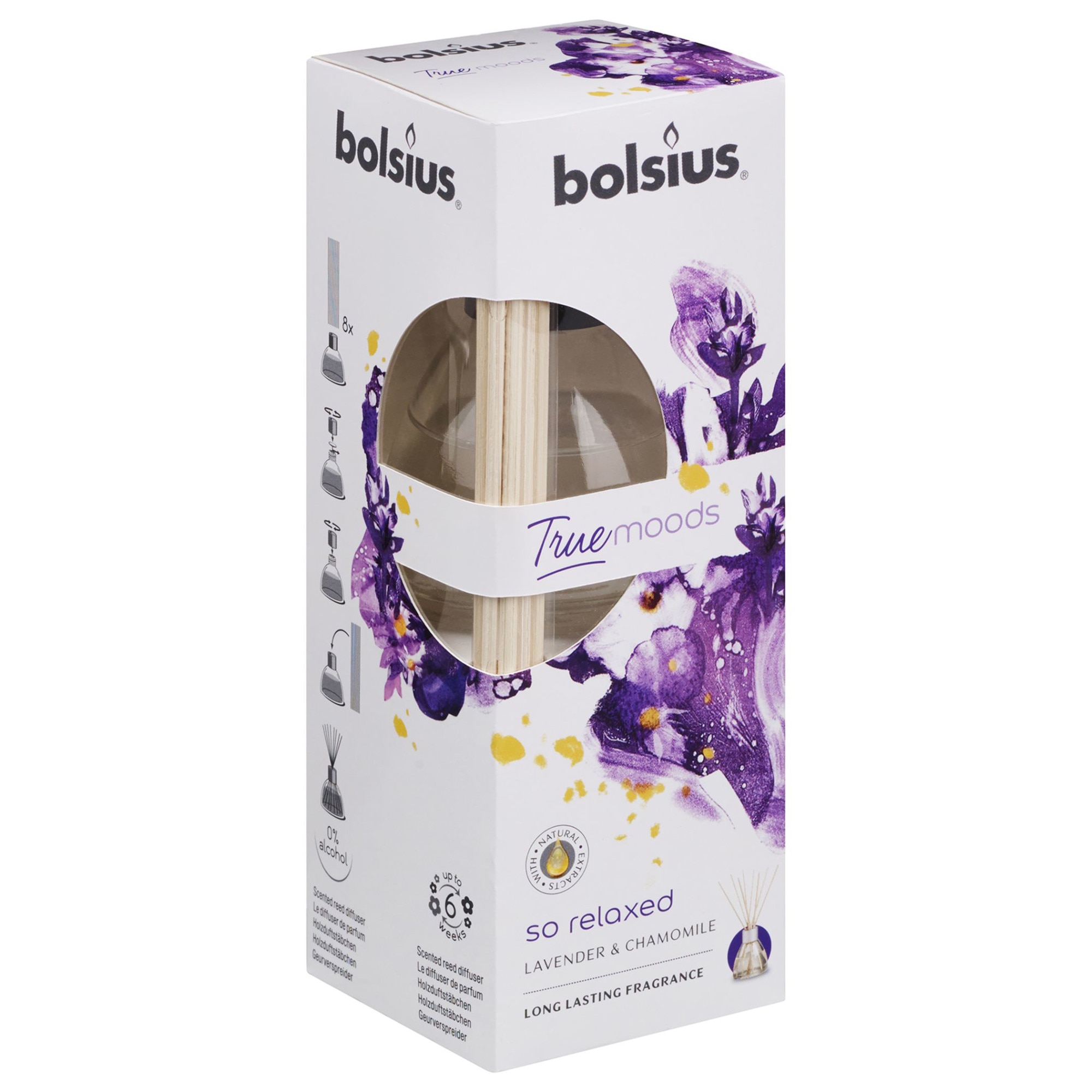 Odorizant cu betisoare Bolsius True So Relaxed Lavanda si Musetel, 45 ml