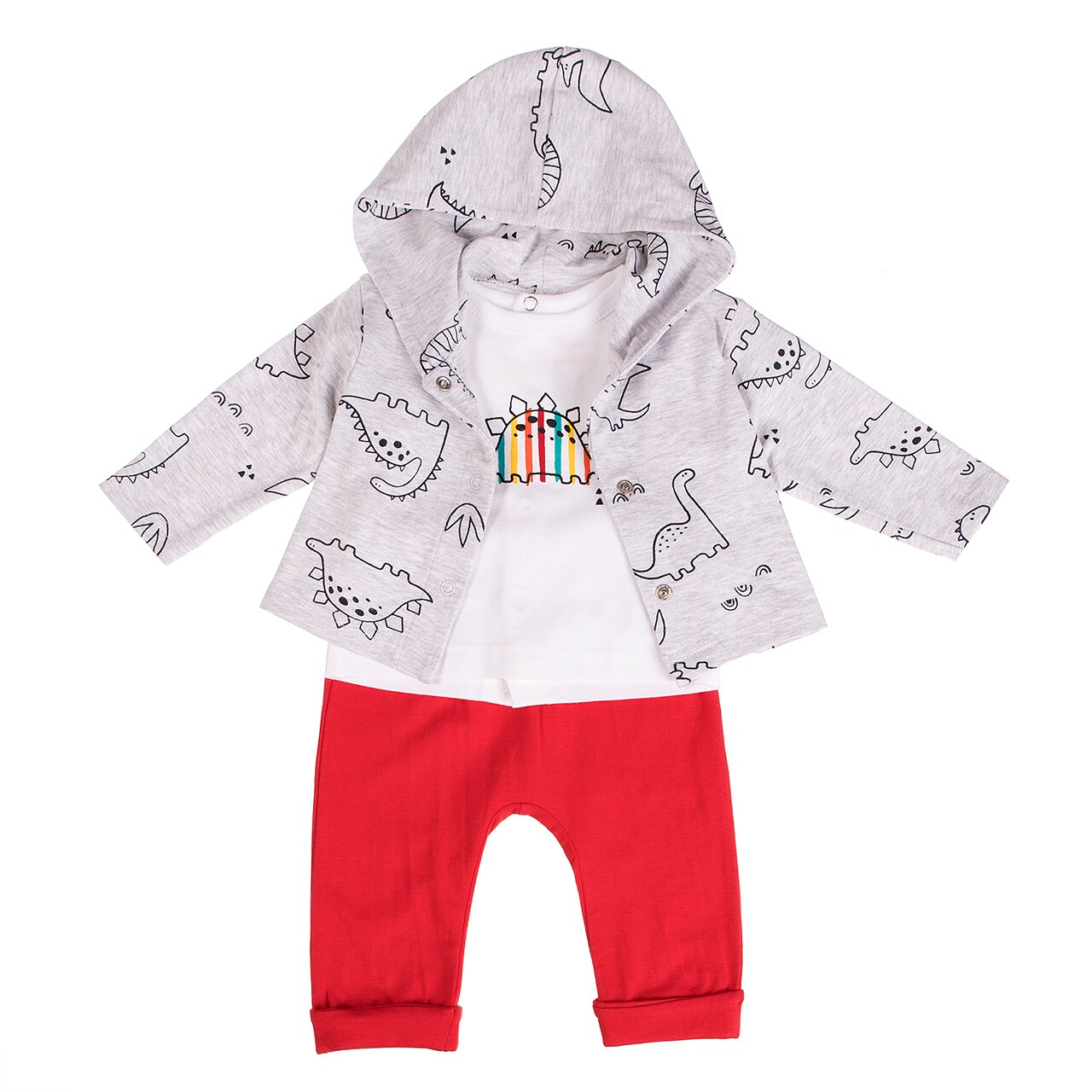 Set 3 piese Babybol bebe baiat, imprimeu dino, rosu, 3 luni, 62 cm