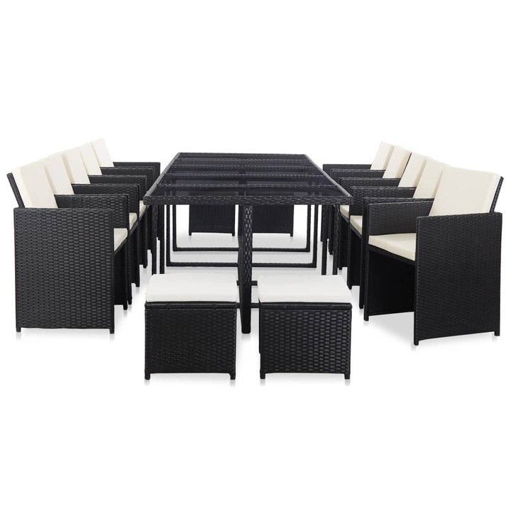 Set mobilier de exterior cu perne vidaXL, 15 piese, negru, poliratan, 128.9 kg