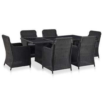 Set mobila de exterior cu perne din 7 piese, vidaXL, Poliratan, 200 x 100 x 74 cm/64 x 65 x 90 cm, Negru Set mobila de exterior cu perne din 7 piese, vidaXL, Poliratan, 200 x 100 x 74 cm/64 x 65 x 90 cm, Negru