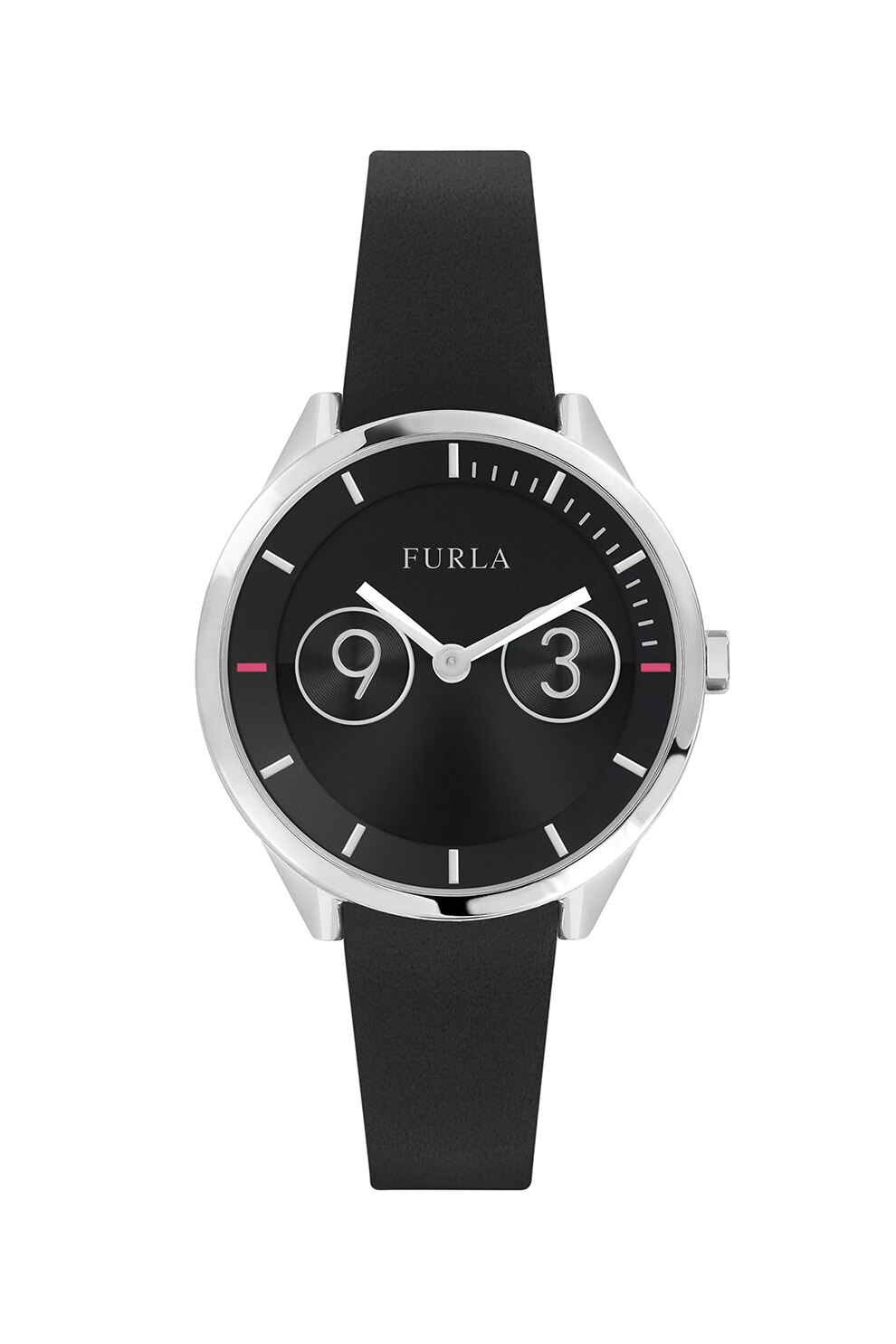 Furla, Ceas quartz cu o curea de piele, Negru/Argintiu/Roz