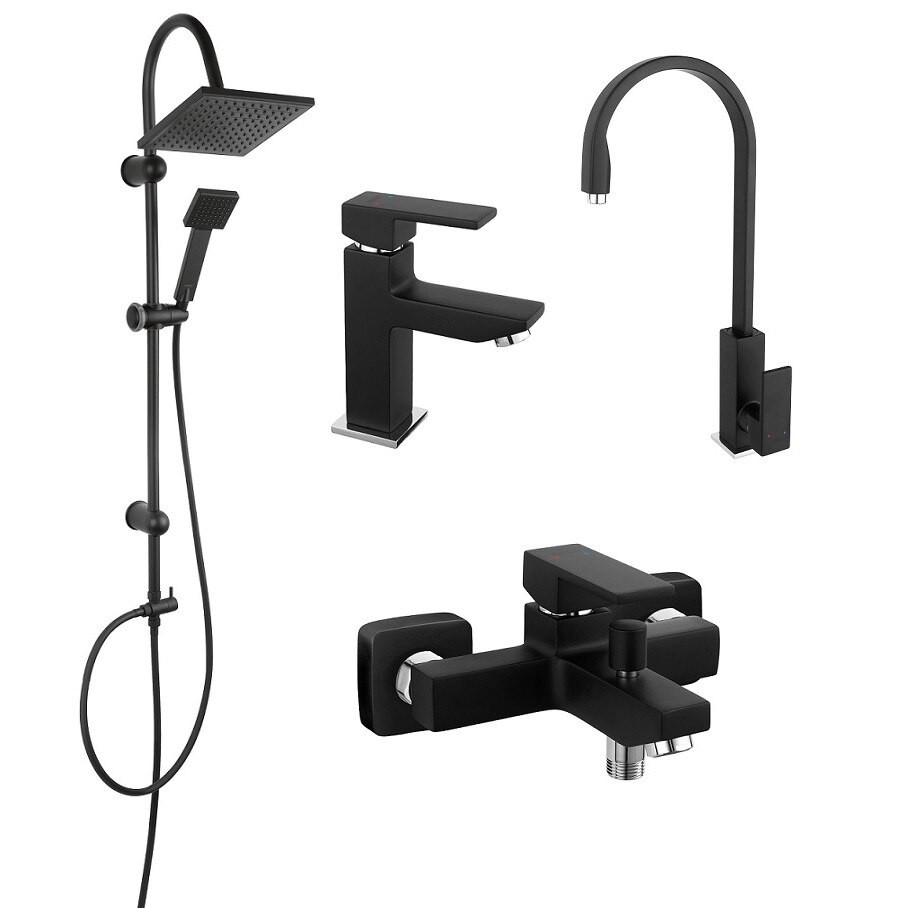 Pachet 4in1 Baterii Ferro design patrat Negru Mat, cartus ceramic si Coloana de dus Negru Mat