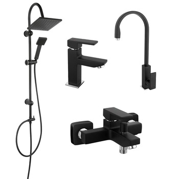 Pachet 4in1 Baterii Ferro design patrat Negru Mat, cartus ceramic si Coloana de dus Negru Mat Pachet 4in1 Baterii Ferro design patrat Negru Mat, cartus ceramic si Coloana de dus Negru Mat