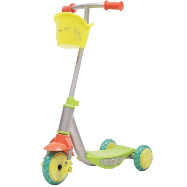 Trotineta copii cu melodii si lumini NOVOKIDS™ Funky Scooter , Cadru Metalic, 3 roti din silicon cu lumini LED, Maxim 20 kg, Cosulet de depozitare, Viraj din ghidon, Multicolor