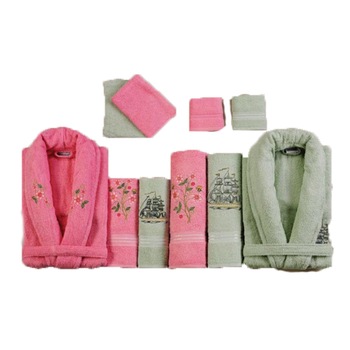 Set baie Belinda 10 piese, 2 halate + 6 prosoape + 2 saculeti, culoare roz + verde Set baie Belinda 10 piese, 2 halate + 6 prosoape + 2 saculeti, culoare roz + verde