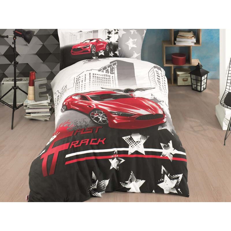 Set 3 Piese Lenjerie de Pat Copii, 1 Persoana, 100% Bumbac Poplin - Extra Confort Fast Truck, Red