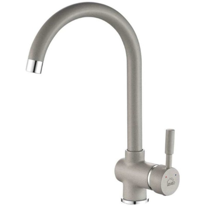 Смесител Laveo BQX968D, За кухненска мивка, Висок чучур, Въртящ се, Единичен лост, Сив