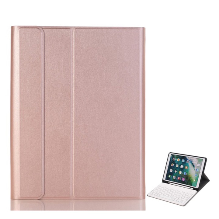 Gigapack Bőr hatású tok, Apple iPad 10.2 (2019), álló, FLIP, bluetooth billentyűzet, asztali tartó, QWERTY, angol nyelvű, érintőceruza tartó, Rozéarany