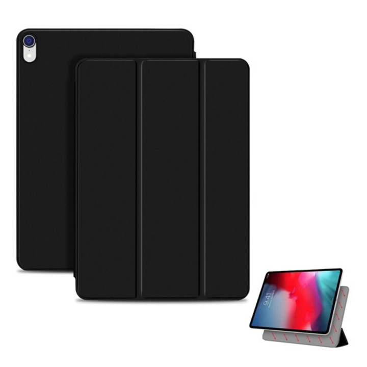 Gigapack Bőr hatású tok, Apple iPad Pro 11 (2018), álló, aktív flip, mágneses rögzítés, oldalra nyíló, TRIFOLD asztali tartó funkció, Fekete