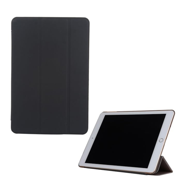 Gigapack Bőr hatású tok, Apple iPad 9.7 (2017) , álló, aktív flip, oldalra nyíló, TRIFOLD asztali tartó funkció, Fekete