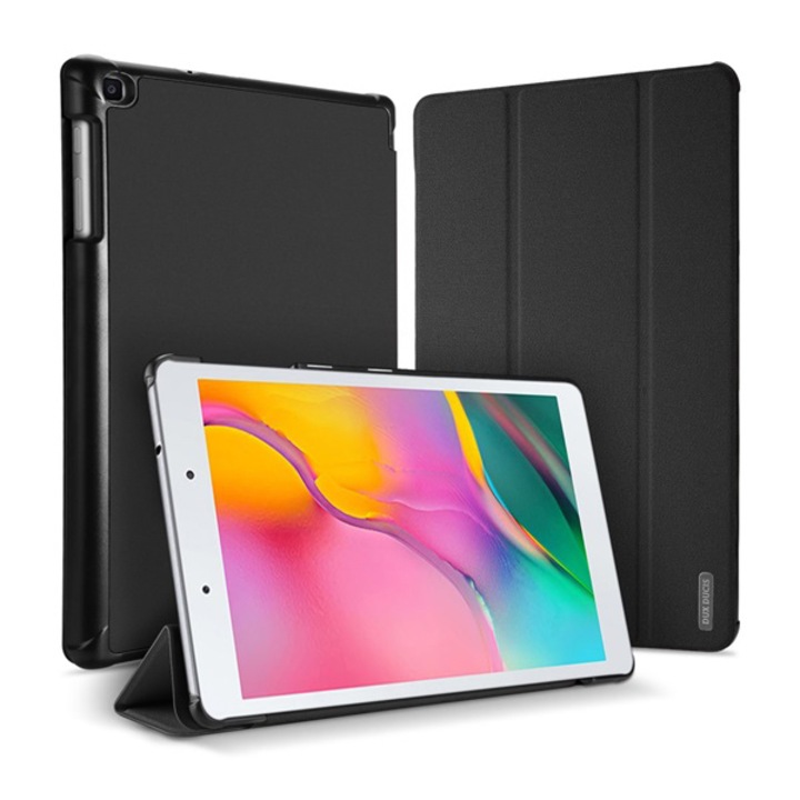 Dux Ducis DOMO Bőr hatású tok, Samsung Galaxy Tab A 8.0 WIFI (2019) SM-T290, álló, aktív flip, oldalra nyíló, TRIFOLD asztali tartó funkció, textil minta, Fekete