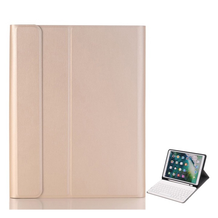 Gigapack Bőr hatású tok, Apple iPad 10.2 (2019), álló, FLIP, bluetooth billentyűzet, asztali tartó, QWERTY, angol nyelvű, érintőceruza tartó, Arany