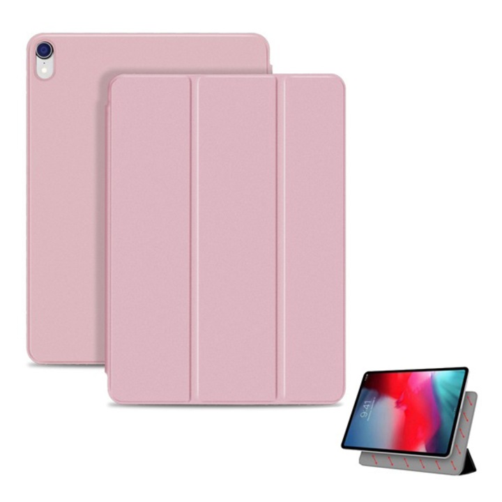 Gigapack Bőr hatású tok, Apple iPad Pro 11 (2018), álló, aktív flip, mágneses rögzítés, oldalra nyíló, TRIFOLD asztali tartó funkció, Rozéarany
