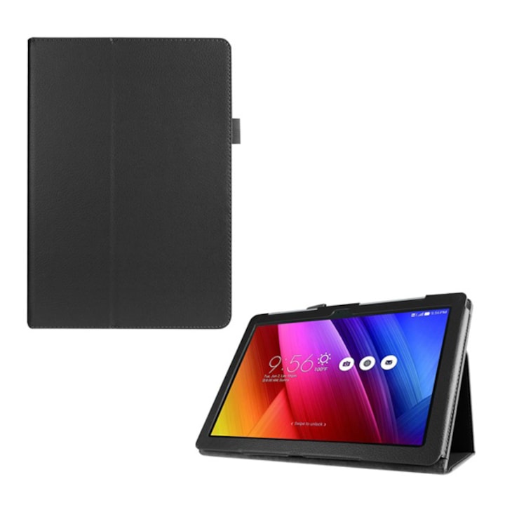 Gigapack Bőr hatású tok, Asus ZenPad 10 (Z300C), álló, FLIP, oldalra nyíló, asztali tartó funkció, Fekete