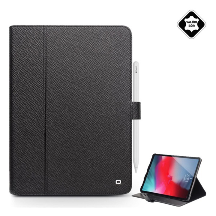 Qialino Tok, Apple iPad Pro 11 (2018), álló, valódi bőr, aktív flip, oldalra nyíló, asztali tartó funkció, Apple Pencil tartó, Fekete