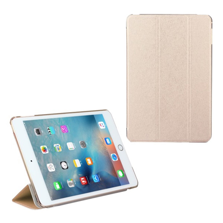 Gigapack Bőr hatású tok, Apple iPad 9.7 (2017) , álló, aktív flip, oldalra nyíló, TRIFOLD asztali tartó funkció, textil minta, Arany