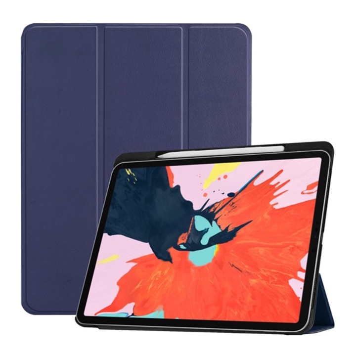 Gigapack Bőr hatású tok, Apple iPad Pro 12.9 (2018), álló, aktív flip, oldalra nyíló, TRIFOLD asztali tartó funkció, Apple Pencil tartó, Sötétkék