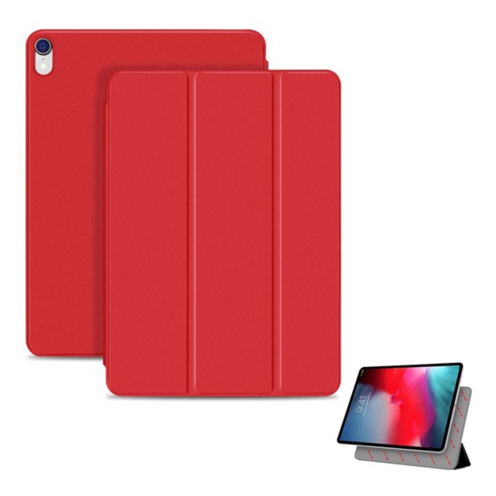 Gigapack Bőr hatású tok, Apple iPad Pro 11 (2018), álló, aktív flip, mágneses rögzítés, oldalra nyíló, TRIFOLD asztali tartó funkció, Piros