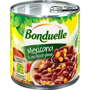 Fasole rosie boabe cu porumb dulce in sos tomat picant Mexicana Bonduelle, 430g Fasole rosie boabe cu porumb dulce in sos tomat picant Mexicana Bonduelle, 430g