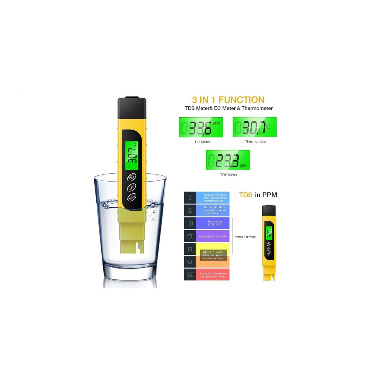 Tester Digital Calitate Apa , 3 in 1 TDS/EC/Temperatura, cu ecran iluminat