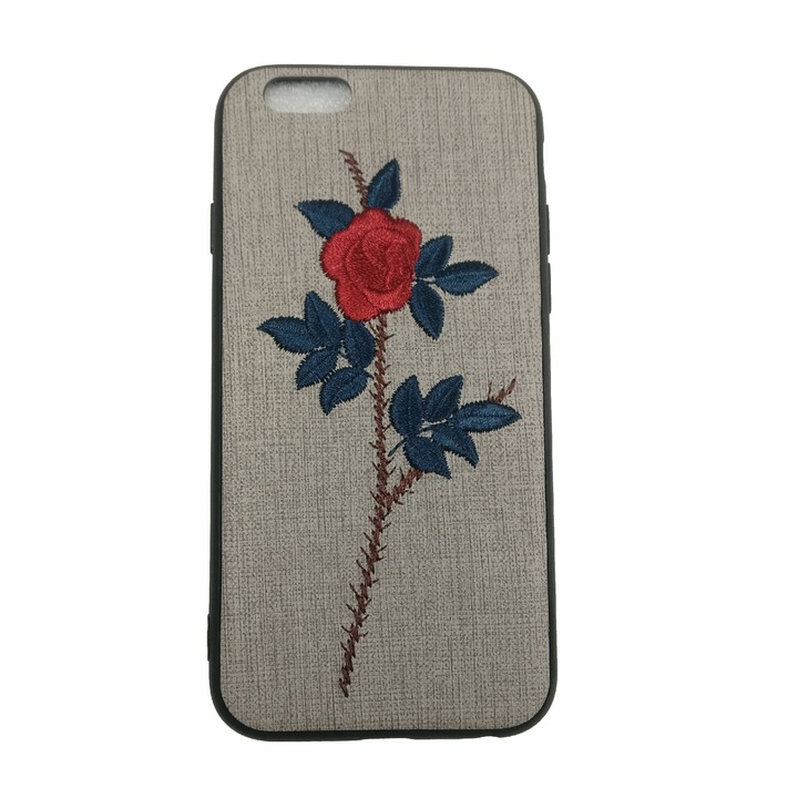 Husa compatibila cu IPhone 6, Trandafir brodat pe imitatie piele, Crem