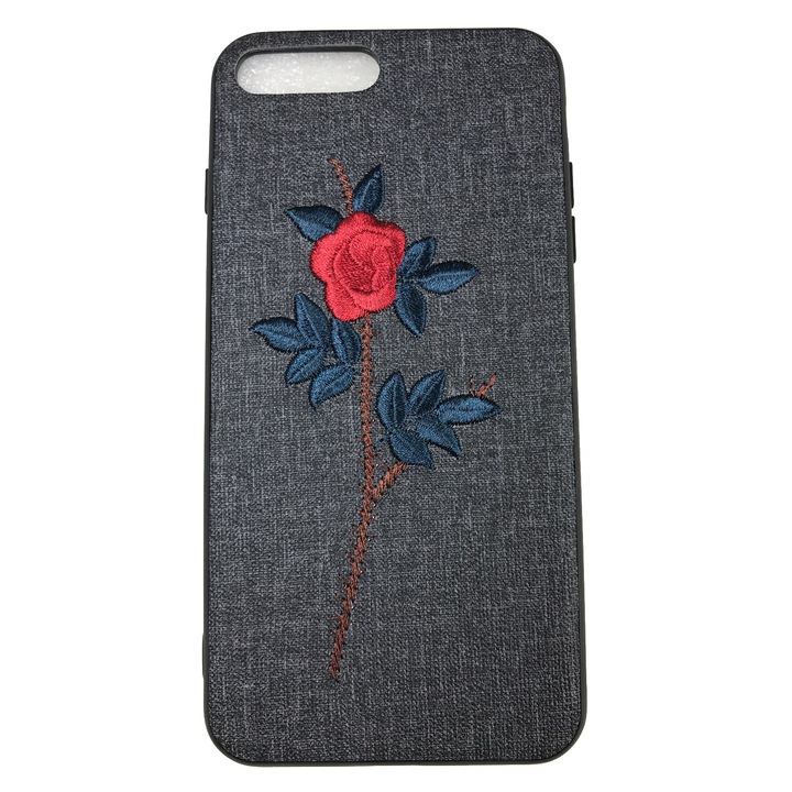 Husa compatibila cu IPhone 7 Plus, Trandafir brodat pe imitatie piele, Negru