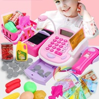 set supermarket cu casa de marcat cu sertar sunete si lumini cos de cumparaturi cu produse scanner de produse cititor de carduri bancnote monezi si cantar imagen 13_0_
0