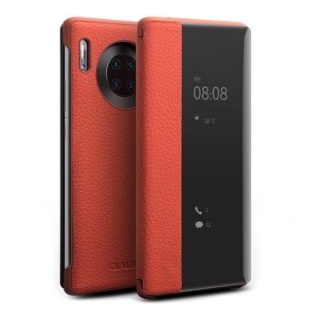 Husa Huawei Mate 30 Pro, Qialino Litchi Smart, slim din piele naturala, smart cover, culoare Orange Husa Huawei Mate 30 Pro, Qialino Litchi Smart, slim din piele naturala, smart cover, culoare Orange
