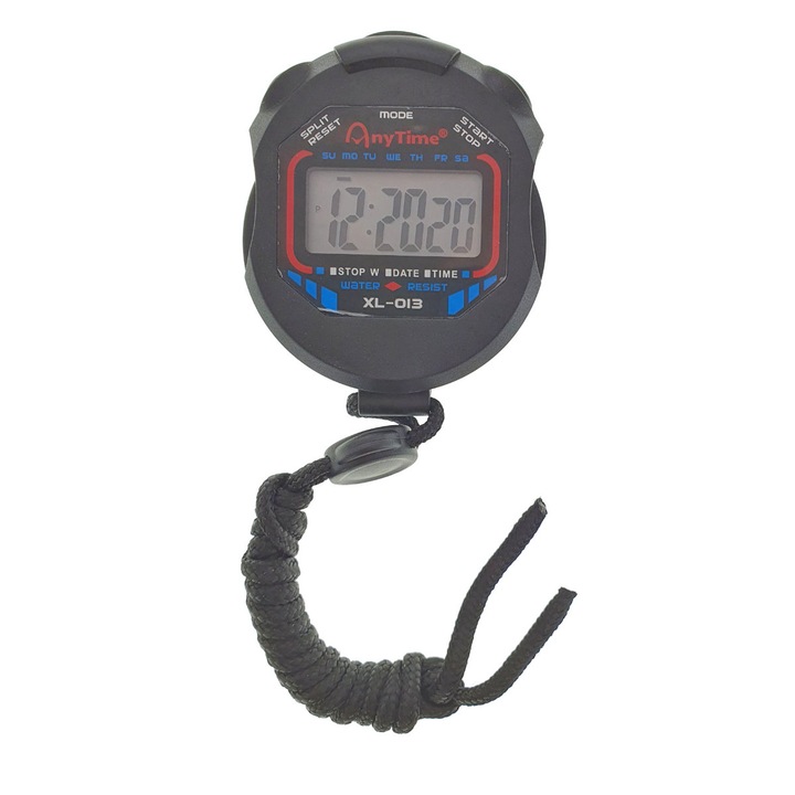 Джобен цифров хронометър с часовник, дата, аларма, 78x63x20 mm, с ремък, черен
