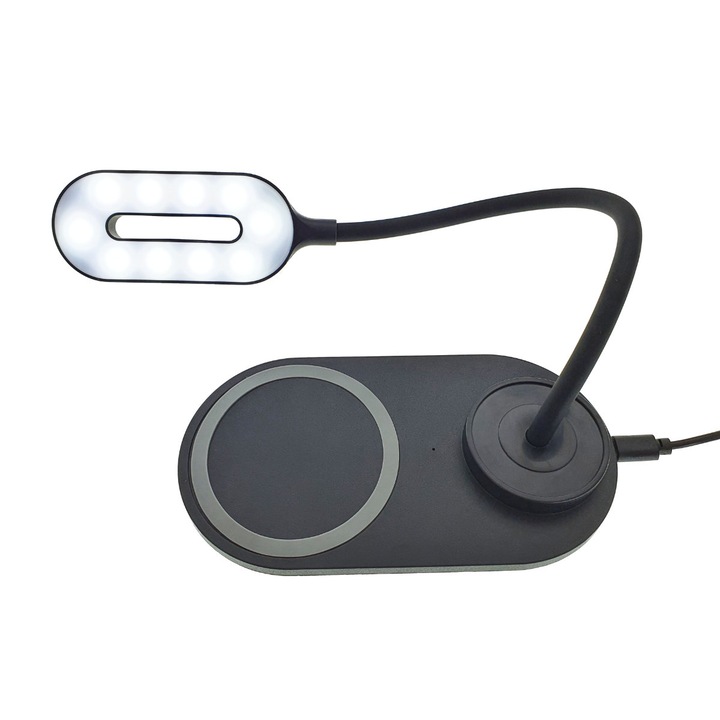 Lampa Led 3W de birou, Platinet 45248, cu incarcator Qi wireless 5W, brat reglabil, 3 nivele de iluminare, USB tip C, neagra