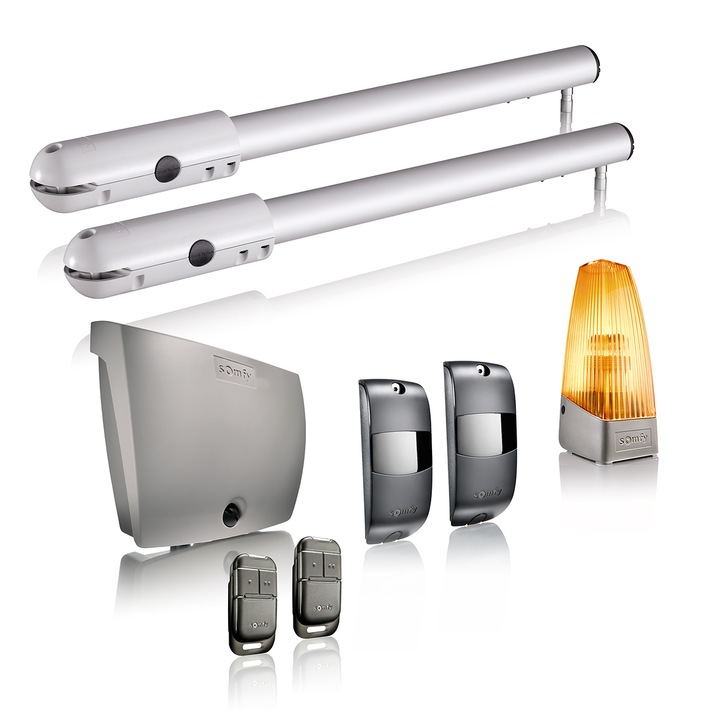 Kit automatizare Somfy SGS Essential pentru poarta batanta: motor, lampa de semnalizare, fotocelule si telecomenzi