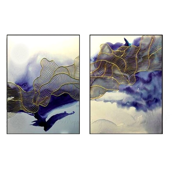 Set 2 tablouri, pictura abstracta 3D, Raze de soare, 130x80 cm, pictura cu elemente reliefate foita de aur 24K